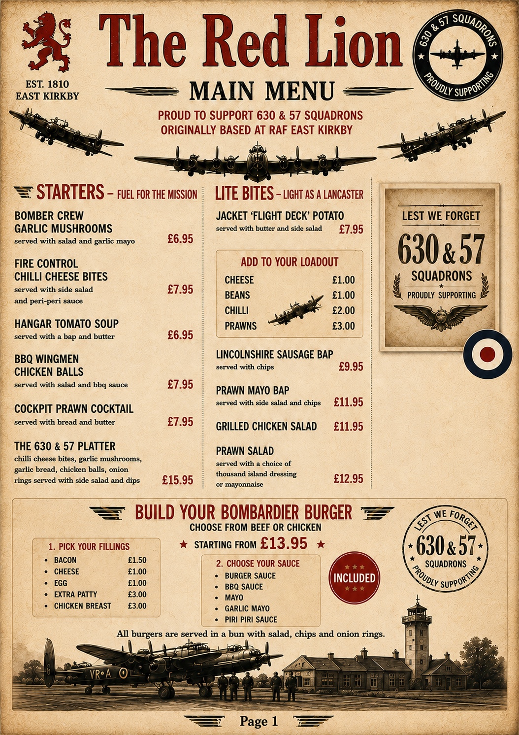 The Red Lion main menu page 1