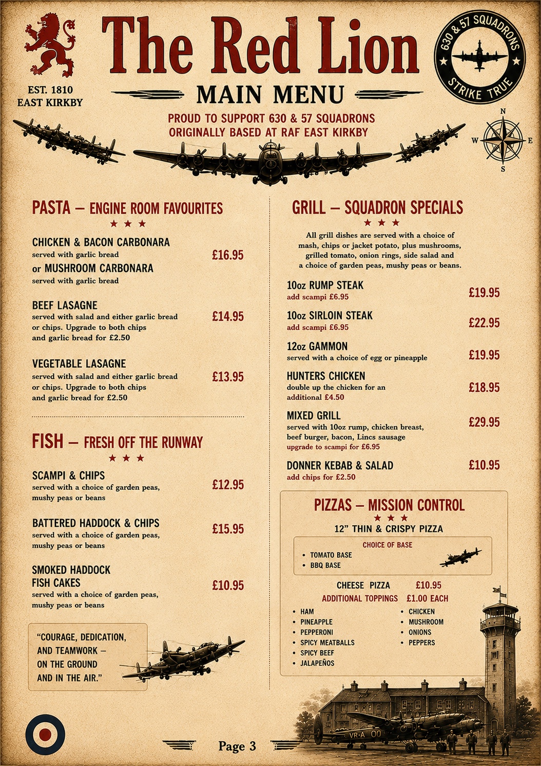 The Red Lion main menu page 3